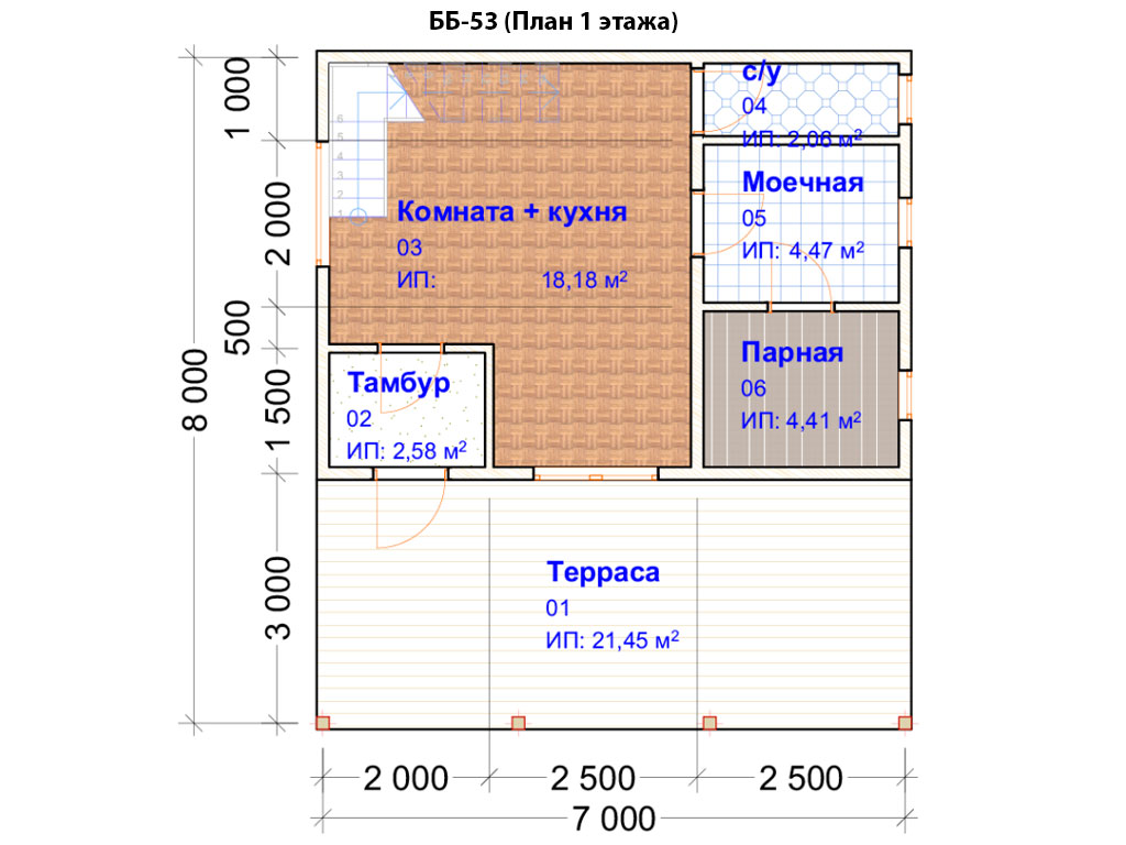 Проект бани ББ-53 (5х7м), площадью 55м² из бруса 150х150мм | Стройлес-урал